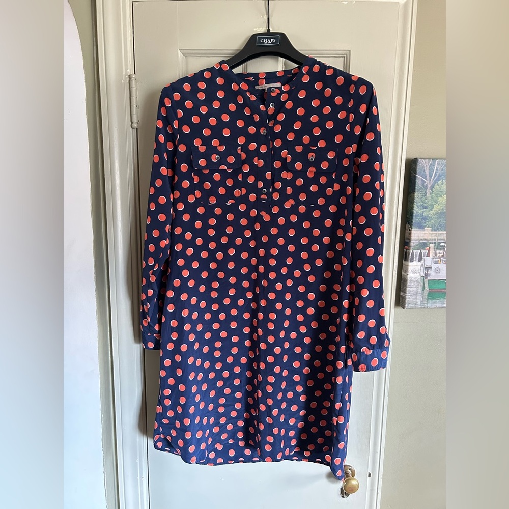 Gap Women's Blue with Orange Polka Dots Pullover L/S Shirt Dress Size Large